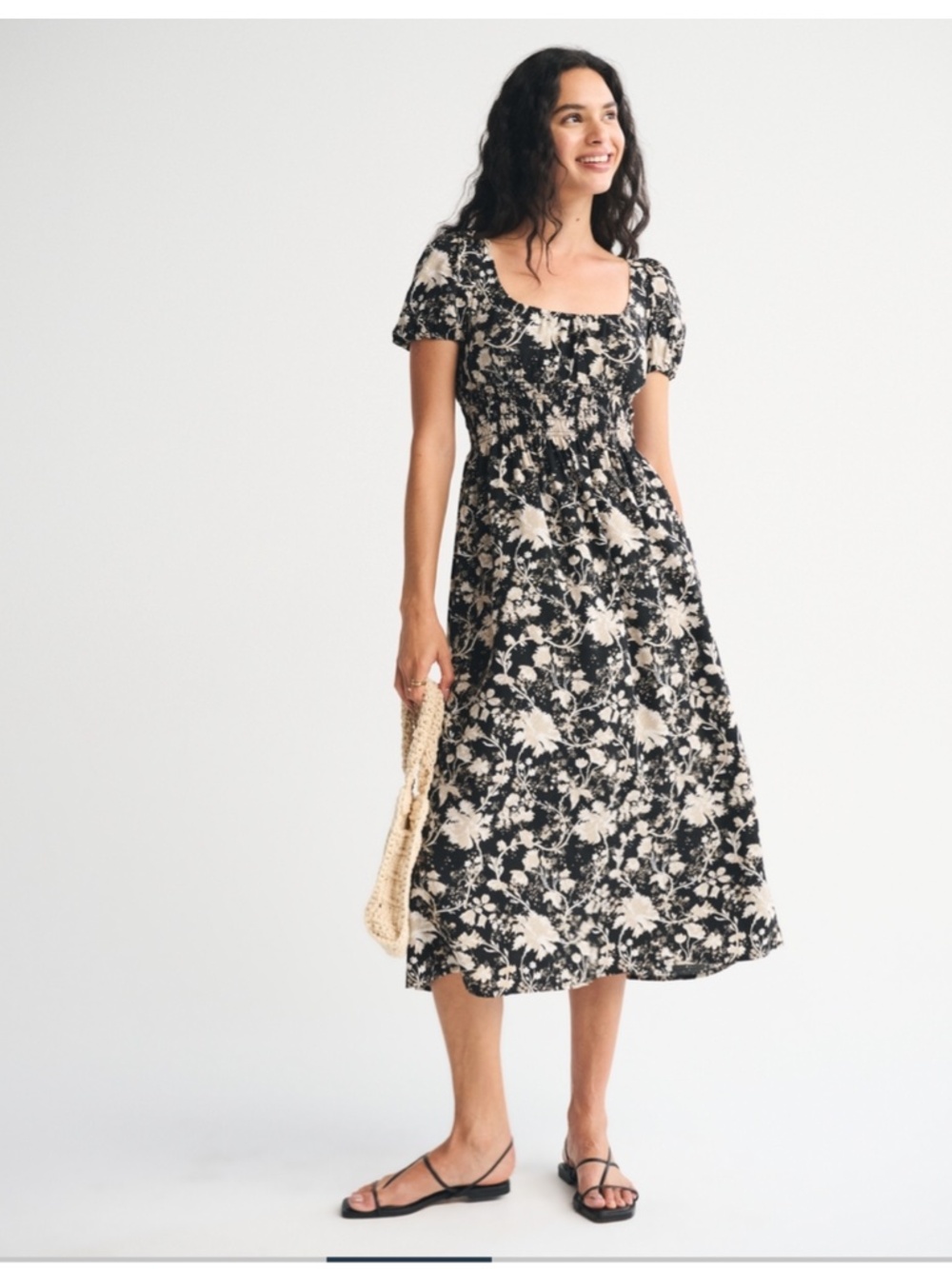 Abercrombie Smocked Puff Sleeve Midi Dress - Picture 2 of 8